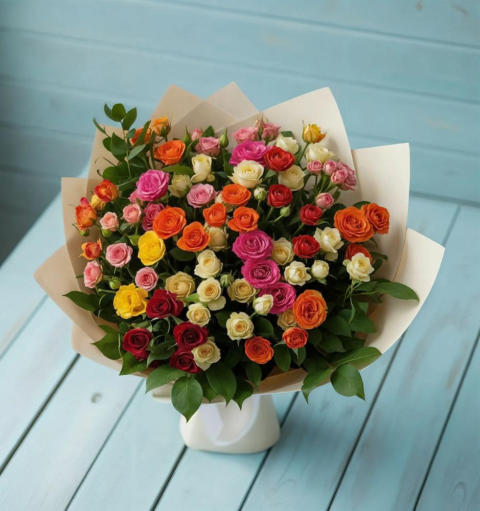 Букет Микс из разноцветных кустовых роз в Лангепасе